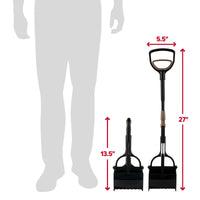 Two Arm & Hammer Claw Poop Scoopers, designed for efficient pet waste clean-up, are shown next to a silhouette for scale. One extends to 27 inches and the other is 13.5 inches tall, both with a handle width of 5.5 inches for easy grip.