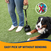 A person uses the Arm & Hammer Claw Poop Scooper with an extending handle on grass, while a large black, white, and brown dog lies nearby. The image text reads Easy Pick Up Without Bending, showing a crossed-out image of bending over for pet waste clean-up.