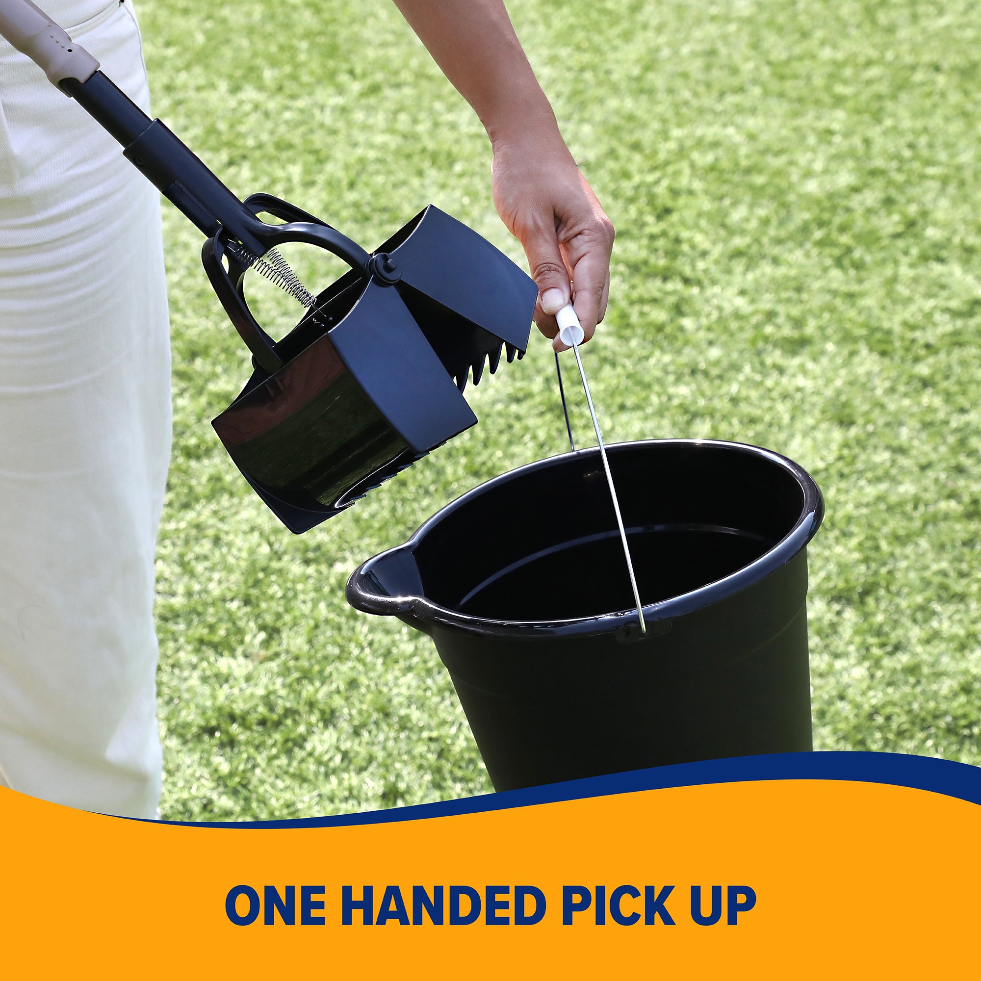 Using the Arm & Hammer Claw Poop Scooper, a person with an extending handle places waste into a black bucket on grass. The text highlights ONE HANDED PICK UP, emphasizing its ease for pet waste clean-up and other tasks.
