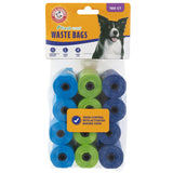 Explore Arm & Hammer Disposable Waste Bag Refills, 180 rolls in vibrant blue, green, and black. Featuring a smiling dog on the label, these waste bags offer odor-control with a fresh scent due to activated baking soda.
