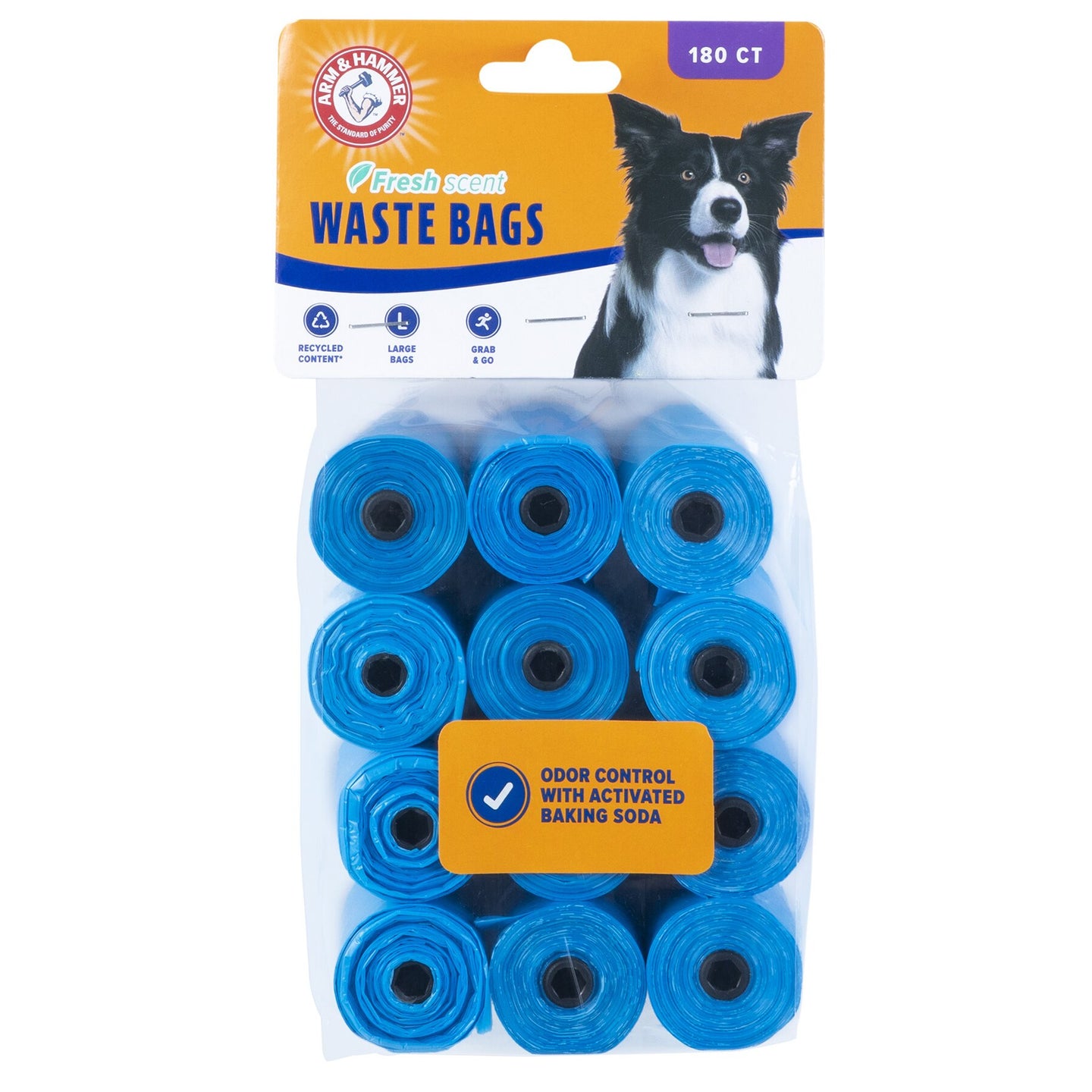 A package of Arm & Hammer Disposable Waste Bag Refills showcases blue rolls and a label with a black and white dog. Features highlight odor-control fresh scent, activated baking soda, and a total of 180 bags for ultimate convenience and freshness.