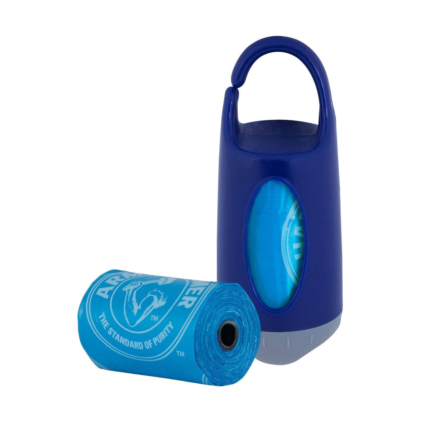 The Arm & Hammer Dispenser & Disposable Waste Bag Set, in blue and from the brand Arm And Hammer, includes a dispenser with a hanging hook housing a roll of blue odor-control dog waste bags. Another logo-printed roll is placed beside it.