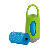 The Arm & Hammer Dispenser & Disposable Waste Bag Set by Arm And Hammer includes a vibrant green plastic dispenser with a hook, a roll of blue dog waste bags featuring odor control with white text and graphics, and an additional partially unrolled roll.