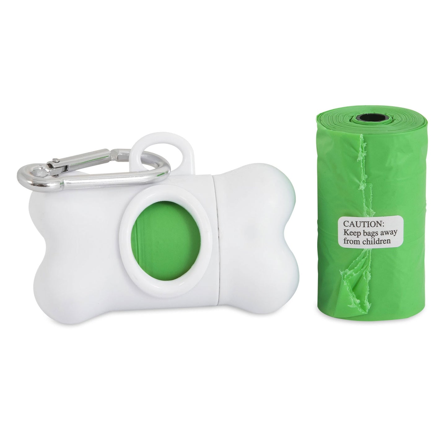 The Arm & Hammer Bone Dispenser & Cornstarch Waste Bags features a white bone-shaped dispenser with a metal clip and green bags. A caution advises, Keep bags away from children.