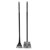 The Petmate Clean Response Aluminum Rake & Pan set includes a black, rust-resistant rake with wide prongs and a flat-base shovel. Both tools feature sleek grey handles and stand upright against a white background, perfect for fireplace cleaning or versatile tasks like backyard dog poop clean-up.