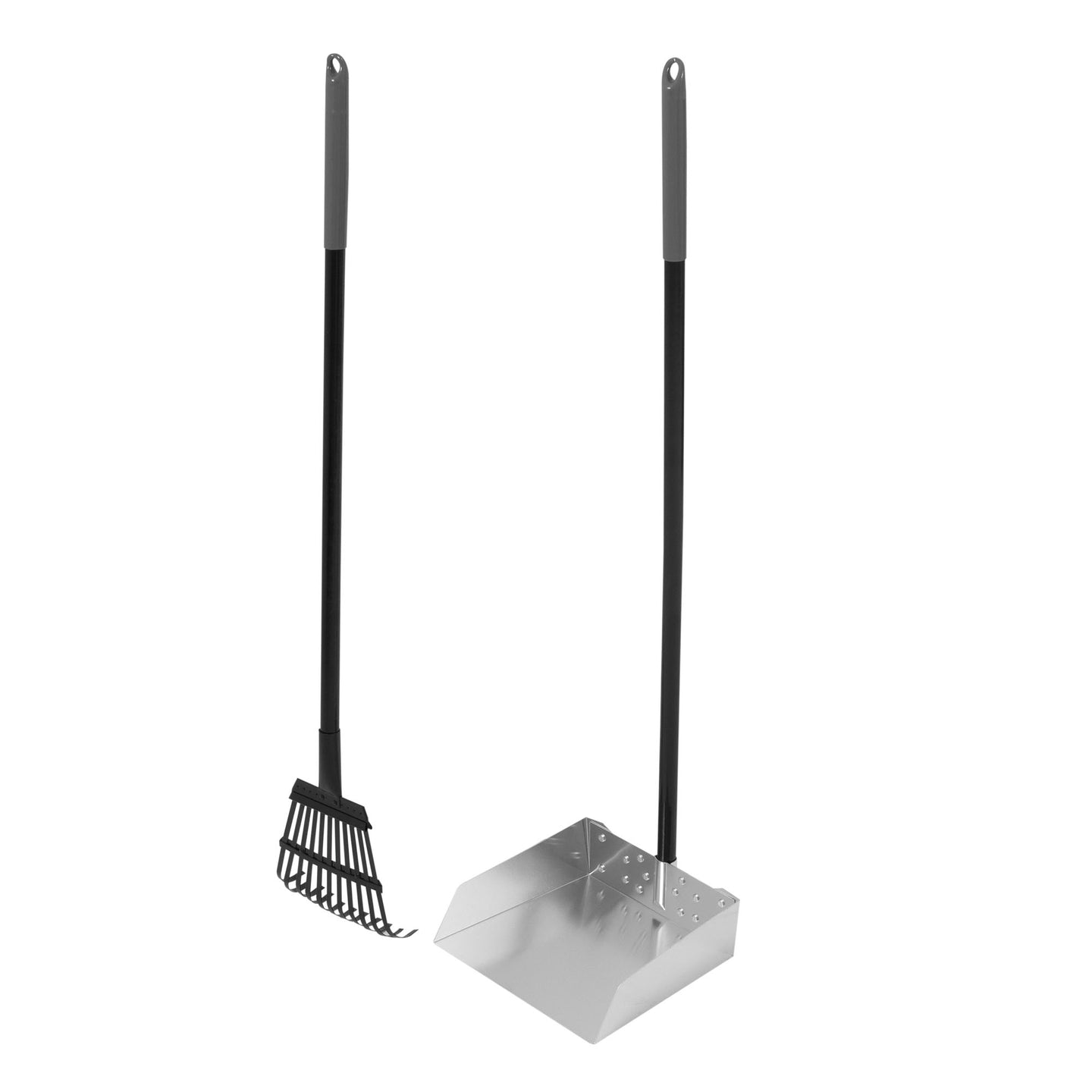 The Petmate Clean Response Aluminum Rake & Pan, featuring a black and silver rust-resistant dustpan and aluminum rake with long handles and gray grips, allows for easy backyard dog poop cleanup without bending over.