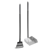 Introducing the Petmate Clean Response Aluminum Rake & Pan set, perfect for backyard dog waste cleanup. This rust-resistant toolset features a black-handled rake with multiple prongs and a perforated dustpan, both with long handles. Practical and stylish by Petmate.