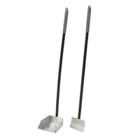 The Petmate Clean Response Aluminum Spade & Pan Pooper Scooper Set features two metal scoops with long black handles and gray grips. One scoop is flat like a spade, while the other is slightly curved, standing upright against a white background for efficient handling.