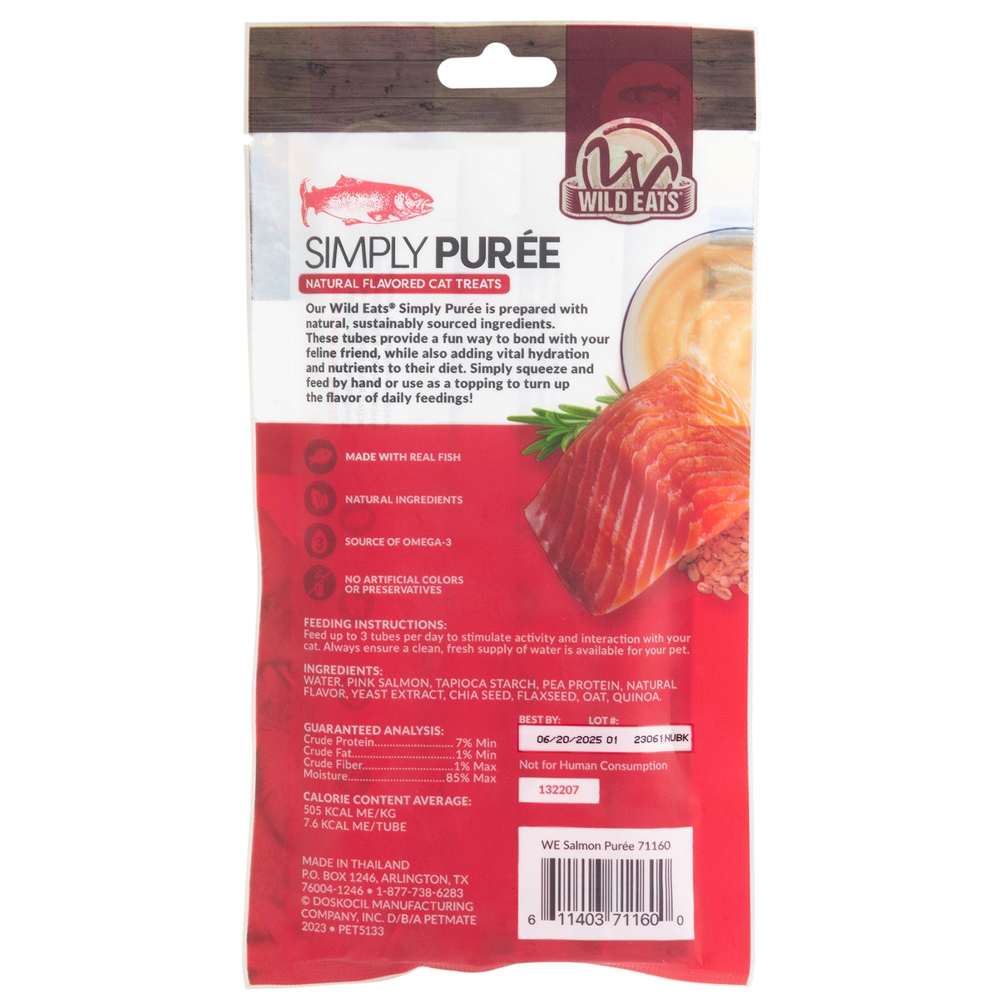 The back of the Wild Eats Simply Puree Salmon Cat Treat package showcases ingredients and feeding instructions. It features a small bowl of puree with salmon, highlighting Made with Real Fish and Source of Omega-3. Ideal for promoting hydration in each serving.