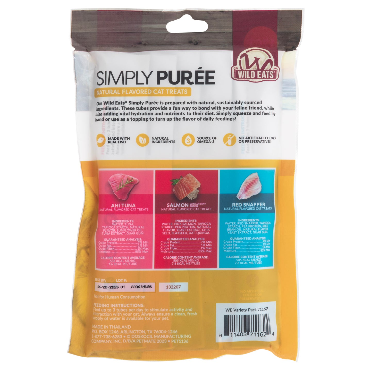 The back of the Wild Eats Simply Puree Variety Pack highlights natural cat food flavors, including ahi tuna, salmon, and red snapper. Benefits include Omega-3 for health and added vitamins. This hydrating feline treat contains no artificial colors or preservatives.