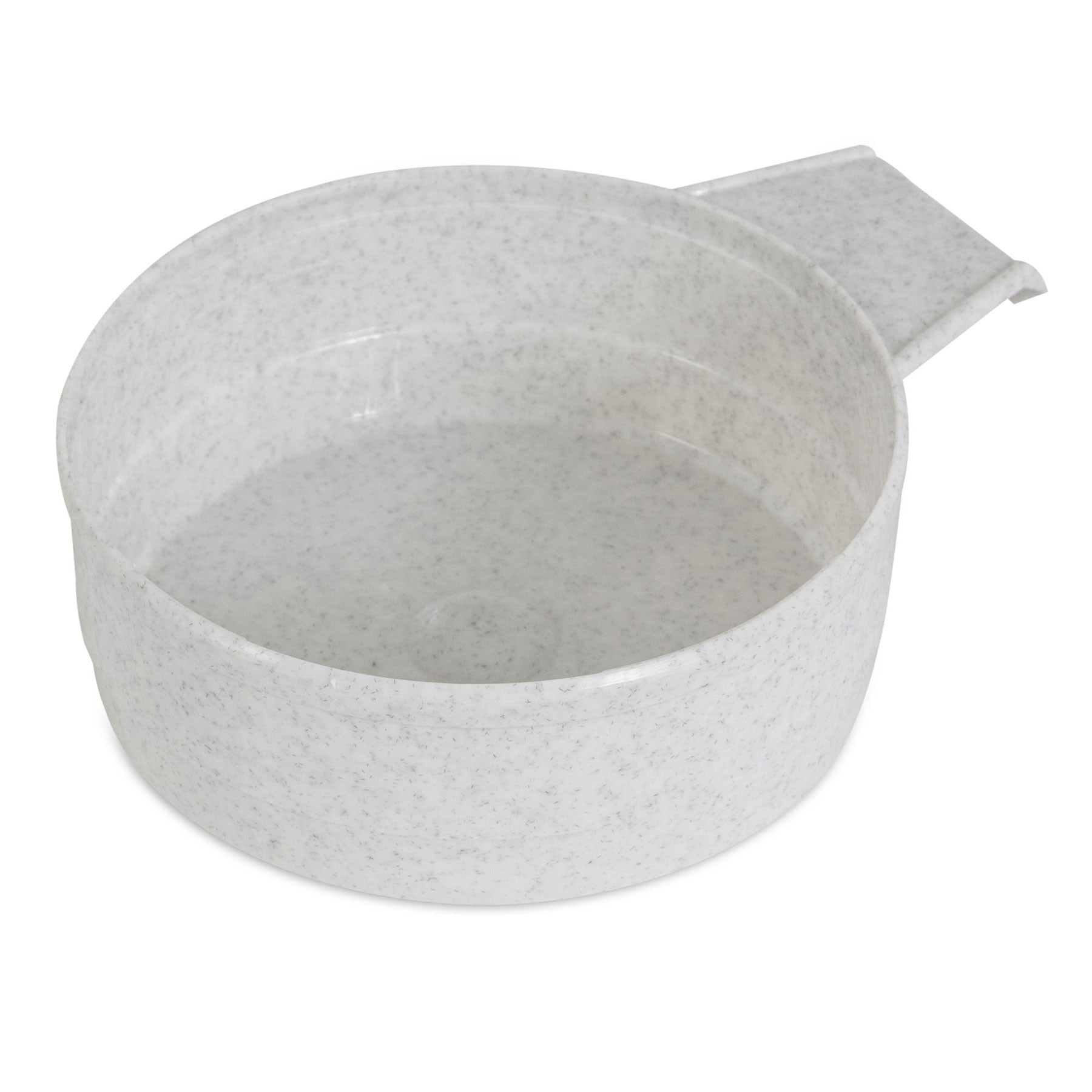 The Vittles Vault Food Scoop, by Vittles Vault, is a gray, speckled circular scoop with a short spout and wide handle. Its minimalist design is smooth and lightweight, making it ideal for securely storing pet food kibble.