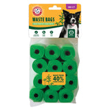 Arm & Hammer Cornstarch Waste Bags feature 180 green rolls with 40% corn starch and showcase eco-friendly icons, excellent odor control, and a smiling black and white dog on the package. A pet supply essential!.