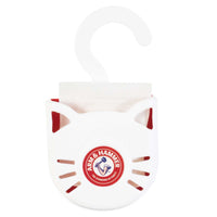 The Arm & Hammer Purrifying Pak Cat Litter Deodorizer is a white, cat-shaped container with a hanging hook that uses baking soda to keep your litter box fresh and odor-free.