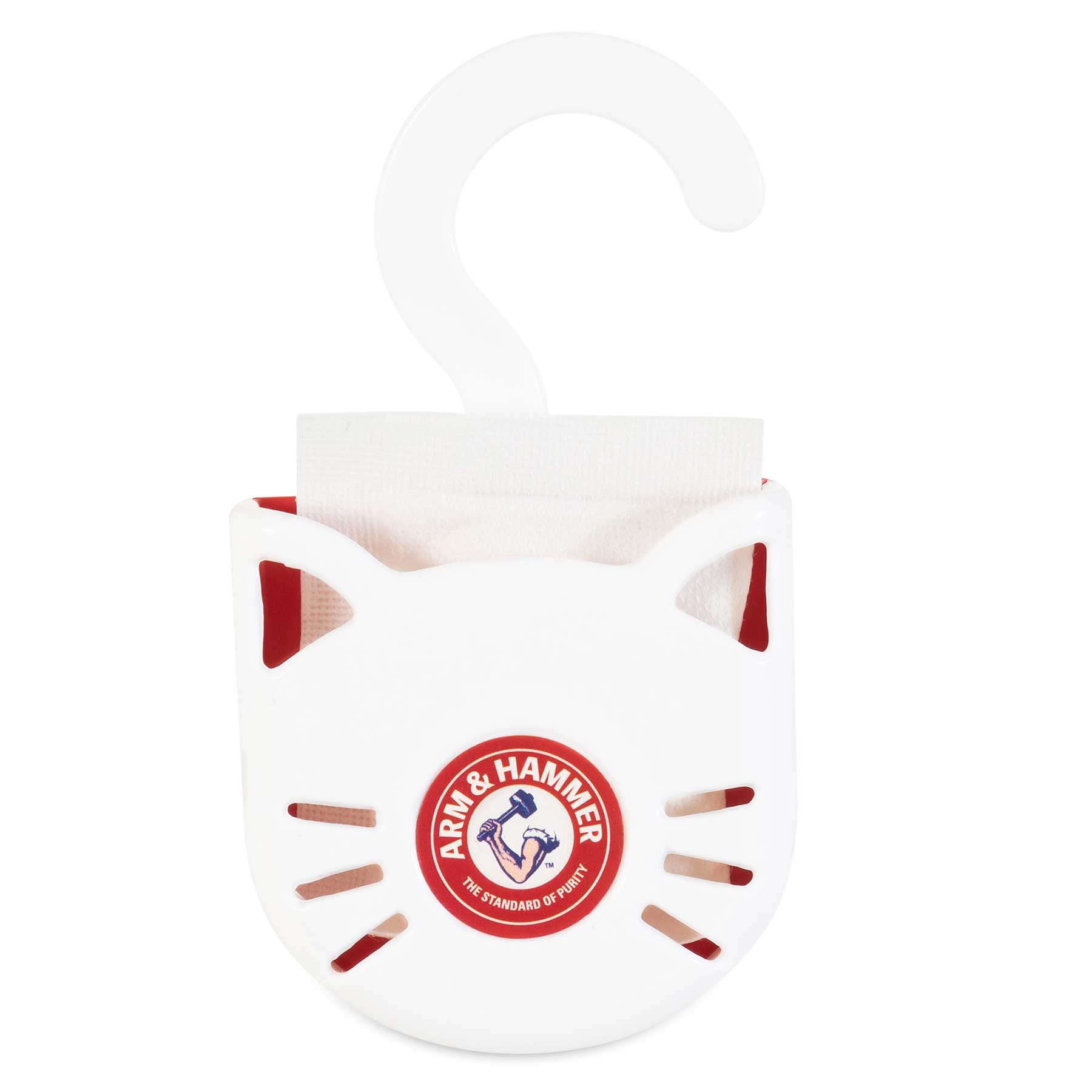 The Arm & Hammer Purrifying Pak Cat Litter Deodorizer is a white, cat-shaped container with a hanging hook that uses baking soda to keep your litter box fresh and odor-free.
