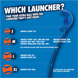 Infographic Which Launcher? shows ball sizes S, M, L, XL for Chuckit! launchers; XXL not compatible. Use Max Glow balls for nighttime fetch fun. Ideal as a dog ball launcher or fetch toy. Product: Chuckit! Junior 18M Dog Ball Launcher by Chuckit.