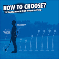 A silhouette shows a person using the Chuckit! Classic Dog Ball Launcher with an ergonomic handle for comfort. Available in 12-26 inches, choose a long handle for distance or a short one for travel. Enjoy hands-free pickup. Brand: Chuckit.