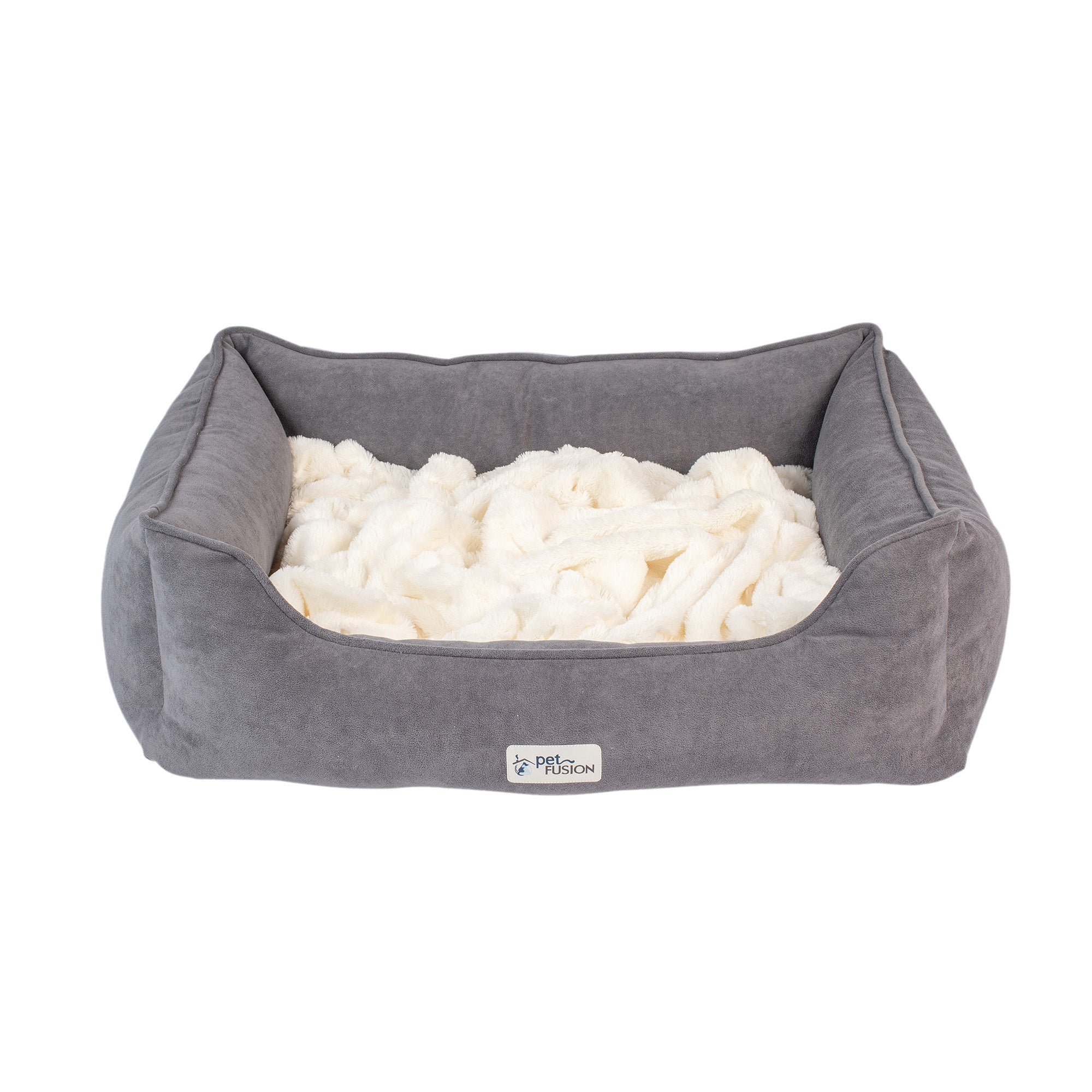 The gray PetFusion Calming Cuddler Dog Bed has raised edges and a plush cream interior for dog anxiety relief, featuring a front label with the Pet Fusion logo to showcase it as a trusted brand.