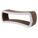 The PetFusion Jumbo Cat Scratcher Lounge by Pet Fusion is a modern pet furniture piece shaped like a curved bench, featuring a cardboard scratching surface and sleek white frame. Its open, hollow design allows cats to scratch, play, or rest comfortably.