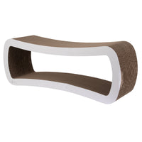 The PetFusion Jumbo Cat Scratcher Lounge by Pet Fusion is a modern pet furniture piece shaped like a curved bench, featuring a cardboard scratching surface and sleek white frame. Its open, hollow design allows cats to scratch, play, or rest comfortably.