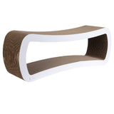 The PetFusion Jumbo Cat Scratcher Lounge by Pet Fusion is a modern, hourglass-shaped piece with a white frame and brown corrugated surfaces, ideal for scratching, lounging, or playing, and seamlessly complements contemporary decor.