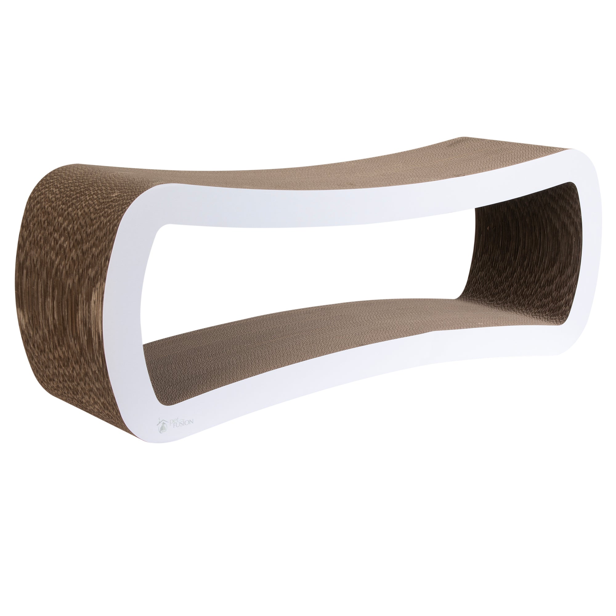 The PetFusion Jumbo Cat Scratcher Lounge by Pet Fusion is a modern, hourglass-shaped piece with a white frame and brown corrugated surfaces, ideal for scratching, lounging, or playing, and seamlessly complements contemporary decor.