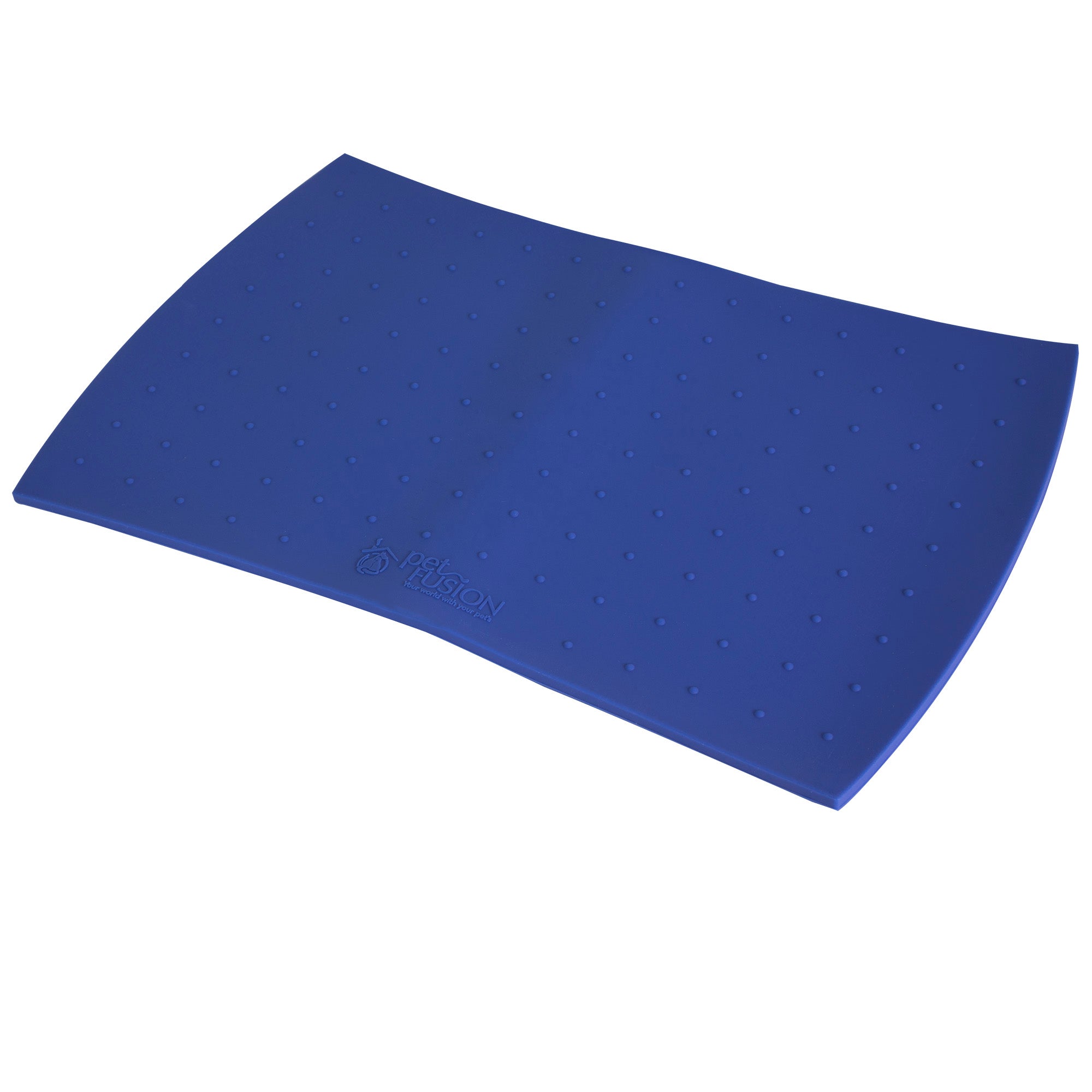 The PetFusion Pet Food Mat is a blue kneeling pad with anti-slip bumps and comfort dots. Made from FDA-grade silicone, it is rectangular with curved edges and an embossed logo in the corner, offering durability akin to a premium pet food mat.