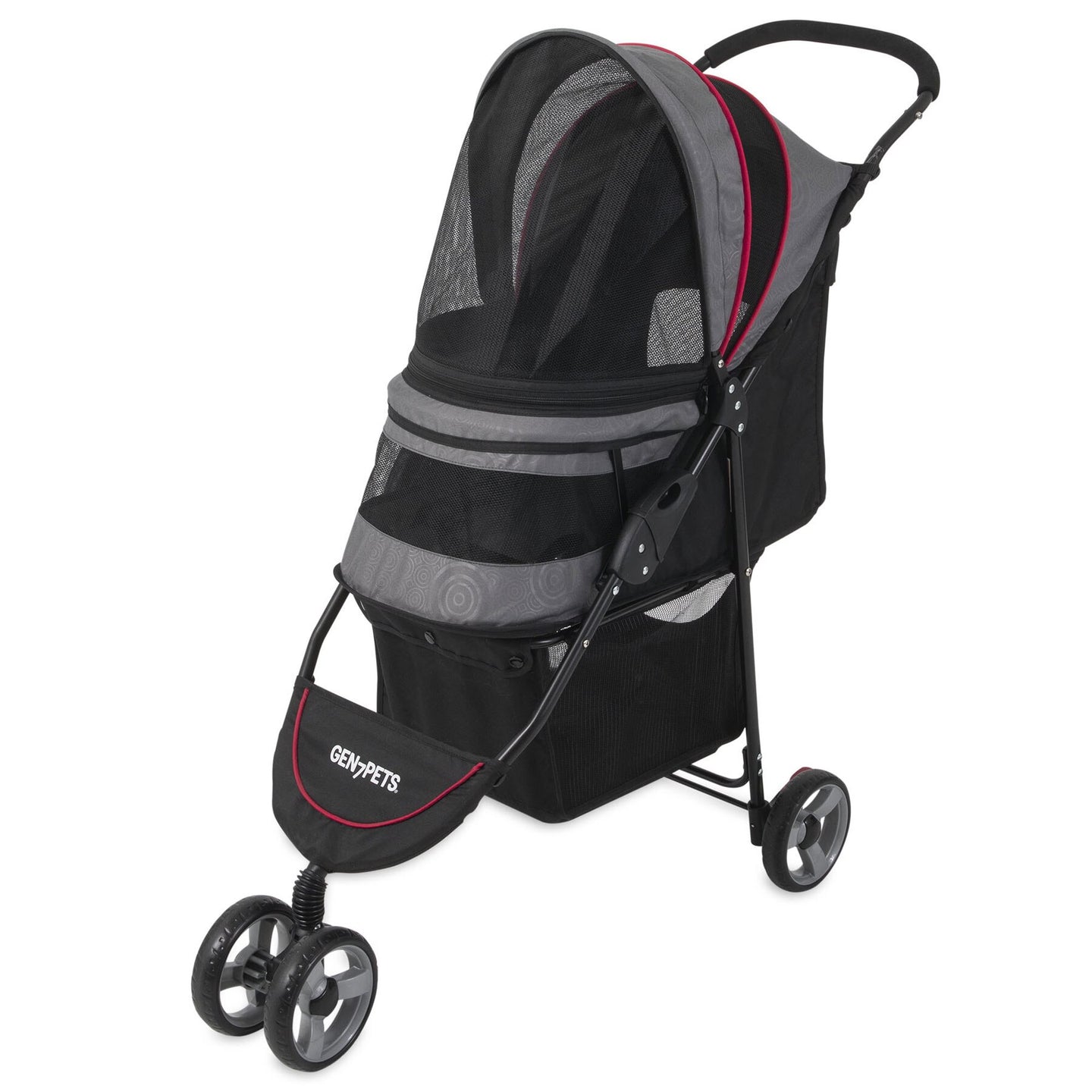 The Gen7Pets Grey Shadow Regal Plus Pet Stroller from Gen7 boasts a stylish black and gray design with a Smart Canopy, three wheels, a front logo, red accent line, and an easy-push handlebar.