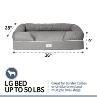 The PetFusion Ultimate Dog Bed with Memory Foam by Petfusion is gray with white piping details, measuring 36x28x9. Designed for large dogs up to 50 lbs such as Border Collies, its rectangular with bolster sides to offer joint pain relief and enhanced comfort.