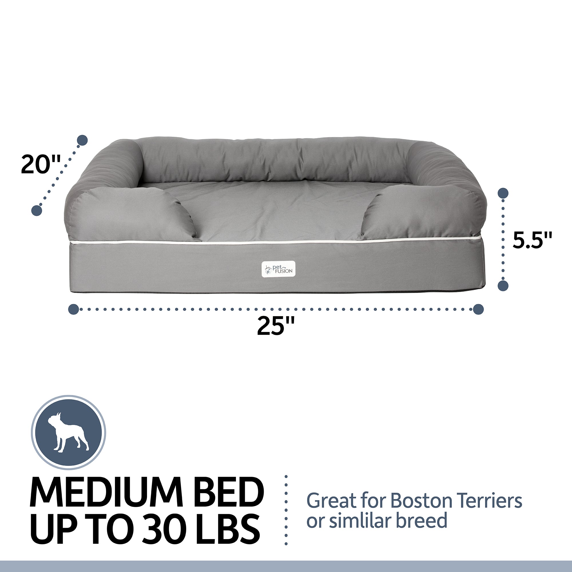 The PetFusion Ultimate Dog Bed with memory foam, from Petfusion, is gray and measures 25x20x5.5. Suitable for dogs up to 30 lbs, like Boston Terriers, it offers joint pain relief for comfort. Includes a dog icon. Ideal as a medium bed option.