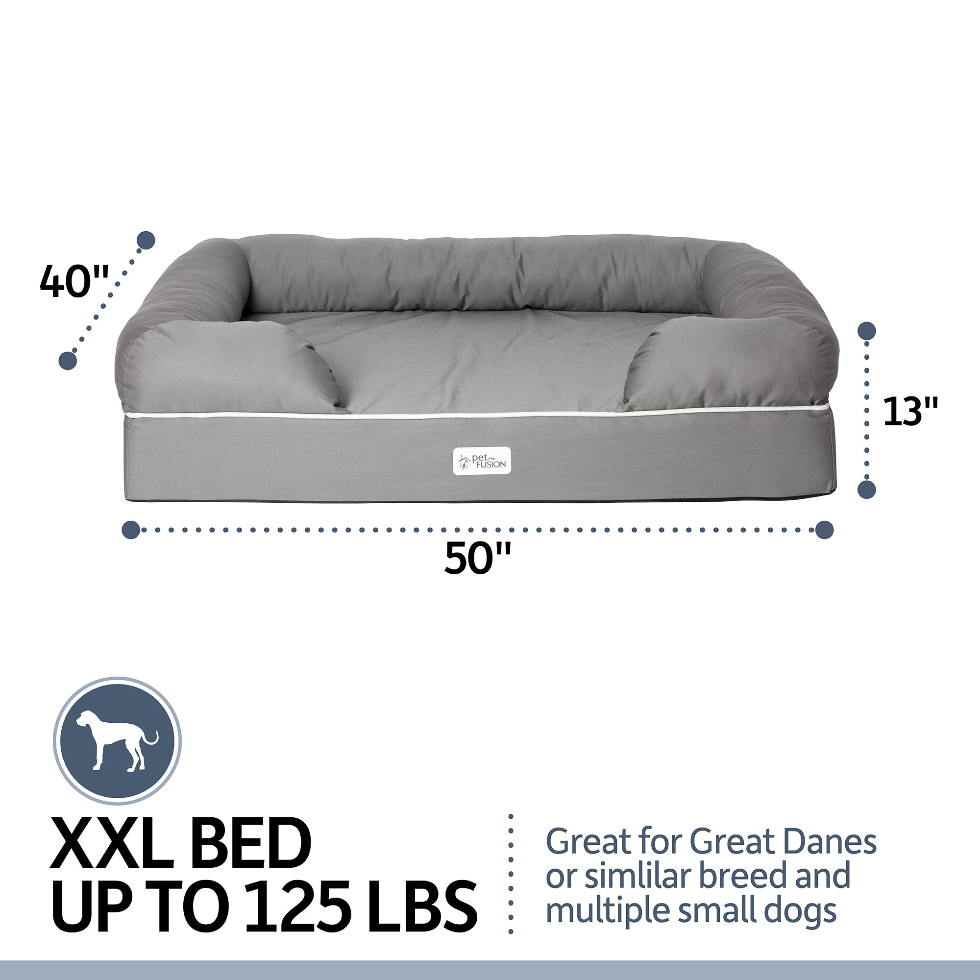 Introducing the PetFusion Ultimate Dog Bed with Memory Foam, a Gray XXL bed with raised sides measuring 50x40x13 inches. Ideal for dogs up to 125 lbs, it offers joint pain relief and anxiety support—perfect for Great Danes or multiple small pets seeking comfort and security.
