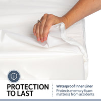 A waterproof liner is tucked around the PetFusion Ultimate Dog Bed With Memory Foam, demonstrating its durability. Text reads: PROTECTION TO LAST. Keep accidents at bay while providing joint pain relief and anxiety support.
