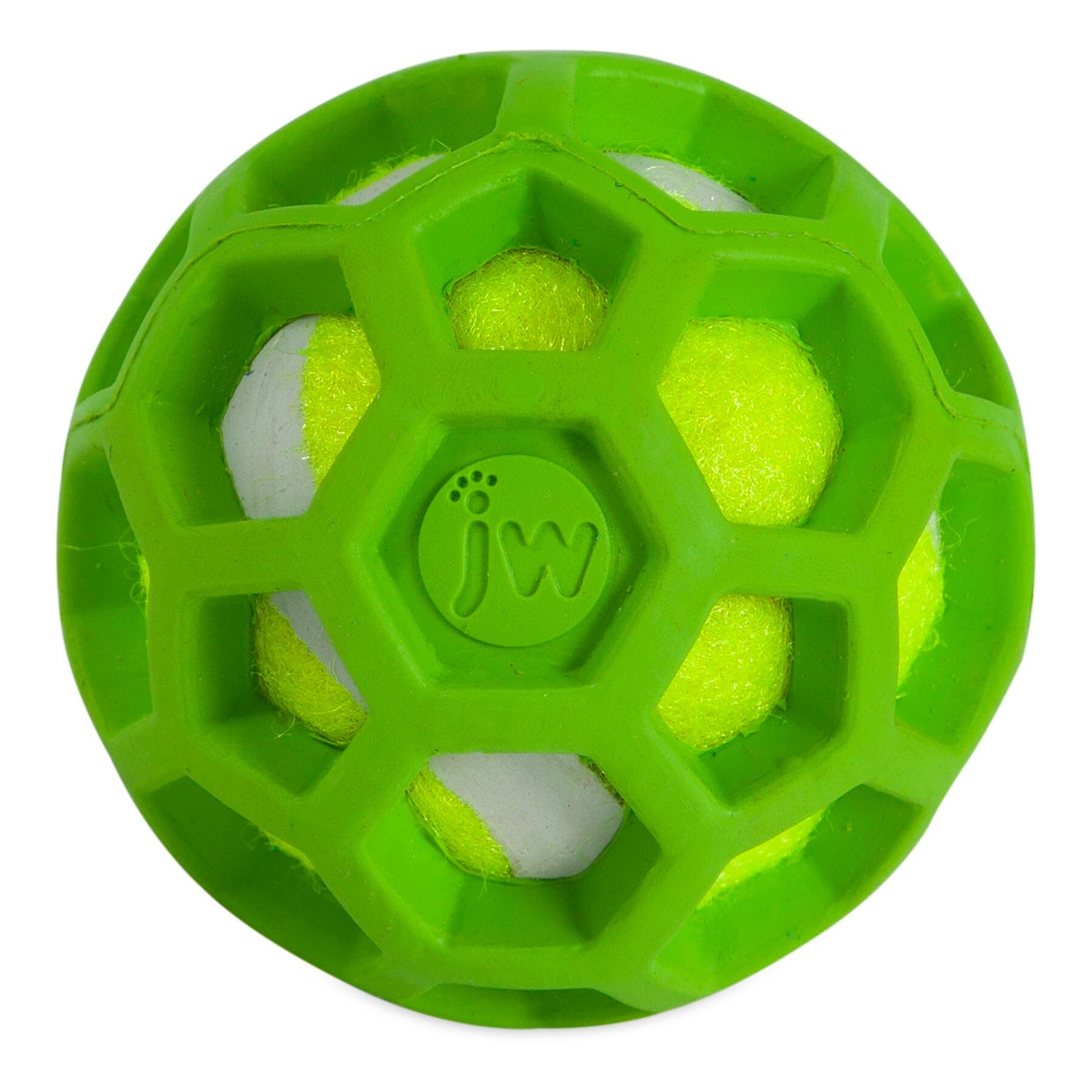 The JW ProTen Hol-ee Roller Dog Toy by Jw is a durable rubber toy with hexagonal cutouts, revealing a yellow and white tennis ball inside. Perfect for fetch, the ball features jw embossed on top, promising endless fun for your furry friend.