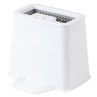 The PetFusion 2-in-1 Universal Litter Scoop Holder by PetFusion is a white, rectangular plastic container with a vented top and ridged foot panel. Its waterproof, hypoallergenic silicone design ensures durability and easy cleaning or storage.