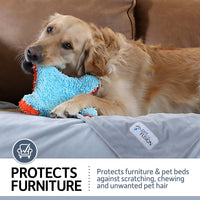A golden retriever rests on a brown couch, playfully chewing a blue and orange toy. Below, a gray protector with the PetFusion logo reads: PetFusion Premium Reversible Micro Plush Dog Blanket protects furniture & pet beds from scratching, chewing, and unwanted pet hair.