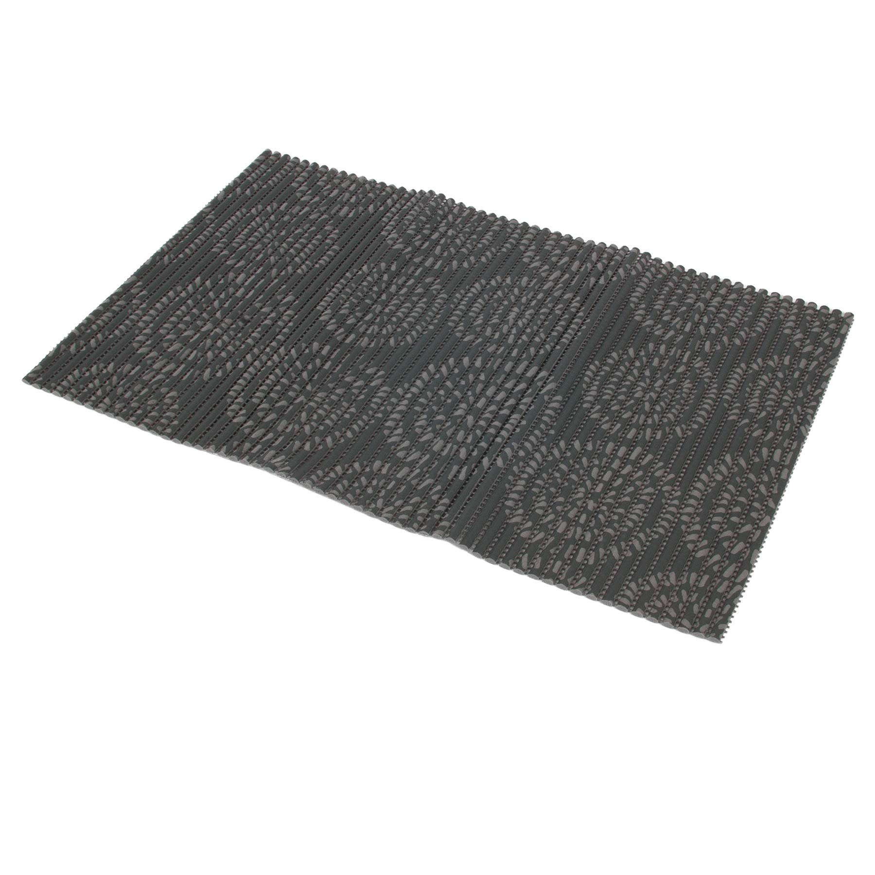 The Petmate Ribbed Foam Feeding & Watering Mat blends style and function with its rectangular dark gray felt and circular ribbed design. Its non-skid backing provides stability, making it a stylish and practical addition to any dining area.