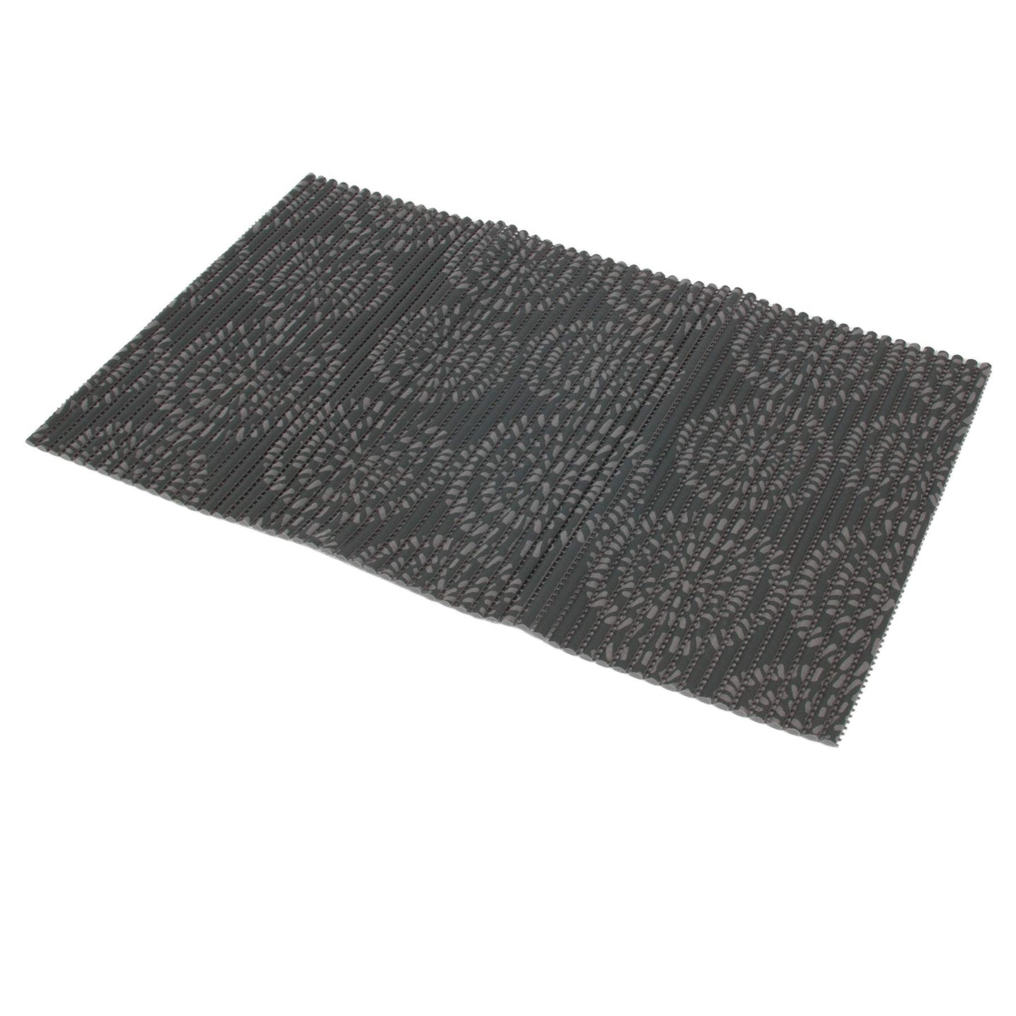 The Petmate Ribbed Foam Feeding & Watering Mat blends style and function with its rectangular dark gray felt and circular ribbed design. Its non-skid backing provides stability, making it a stylish and practical addition to any dining area.