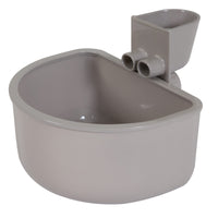 The Petmate No Spill Kennel Cup by Petmate is a gray automatic livestock drinking bowl featuring a rectangular base, two spouts, and an attached float mechanism for regulating water levels. Ideal for farms or stables.