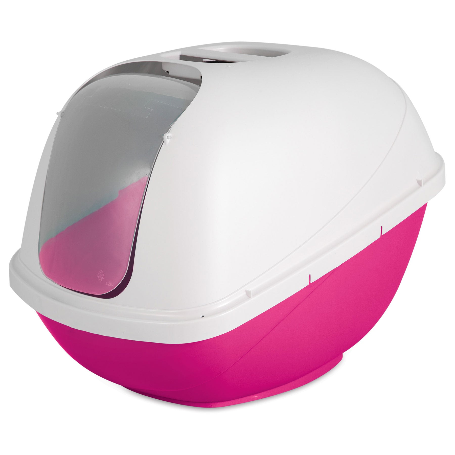 The Petmate Basic Hooded Cat Litter Pan by Petmate features a pink base, white top, translucent front entry flap door, easy-to-clean design, convenient carrying handle, and an odor-absorbing filter for freshness.