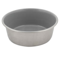 The Petmate Painted Stainless Steel Pet Bowl is round and silver with a shiny, rust-resistant surface. It features high sides and an open top, making it perfect for mixing or serving. The interior is smooth and reflective.