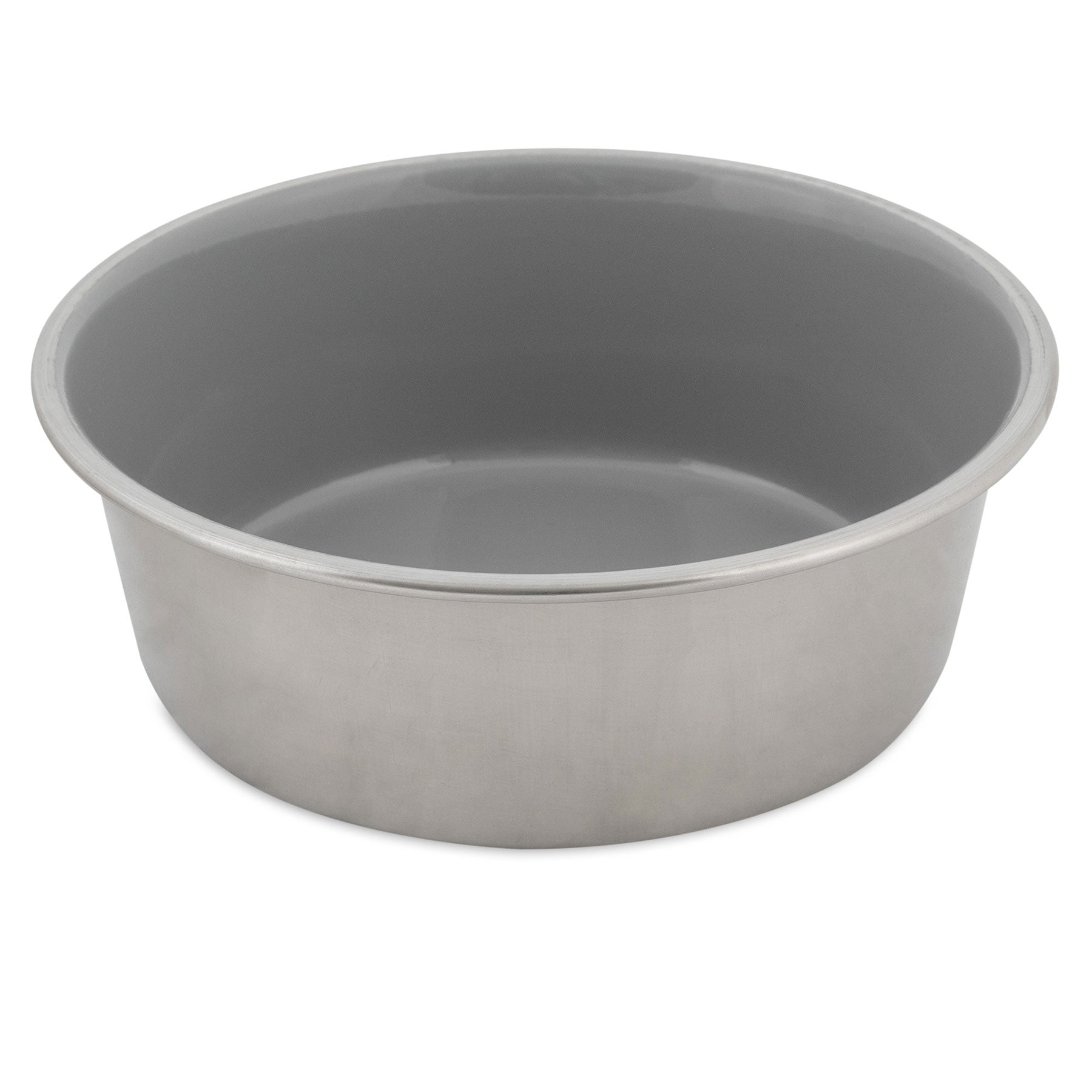 The Petmate Painted Stainless Steel Pet Bowl is round and silver with a shiny, rust-resistant surface. It features high sides and an open top, making it perfect for mixing or serving. The interior is smooth and reflective.