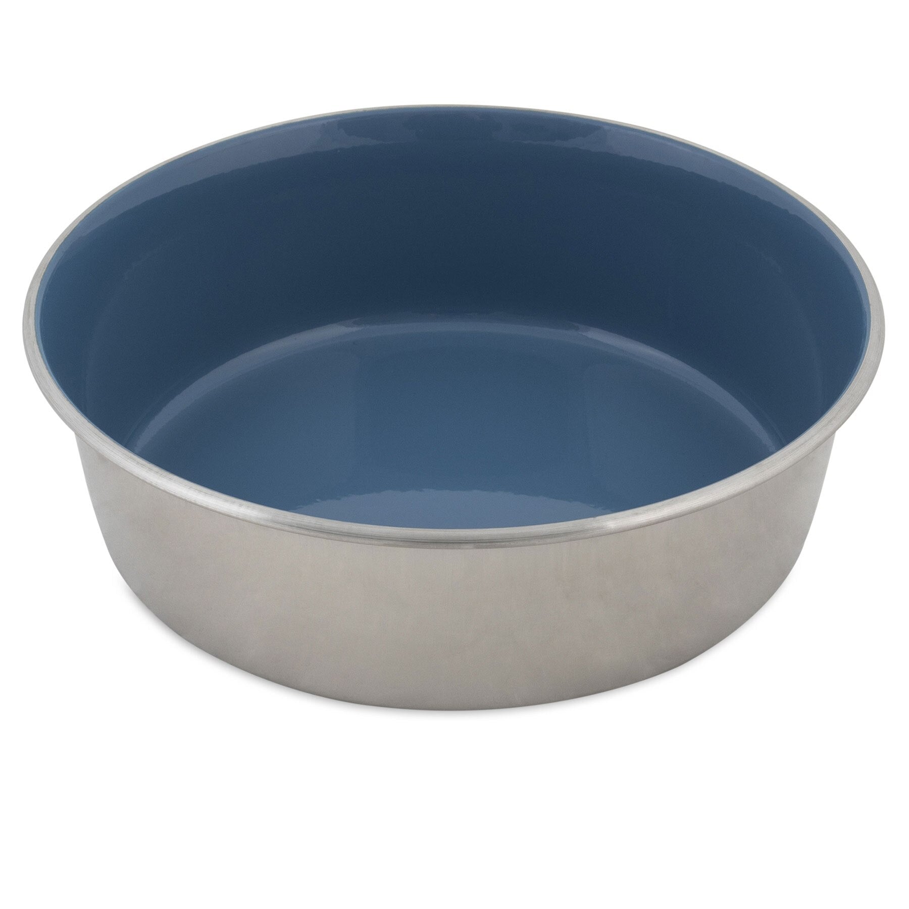 The Petmate Painted Stainless Steel Pet Bowl is round and deep with a rust-resistant, smooth reflective exterior and a sleek blue interior.