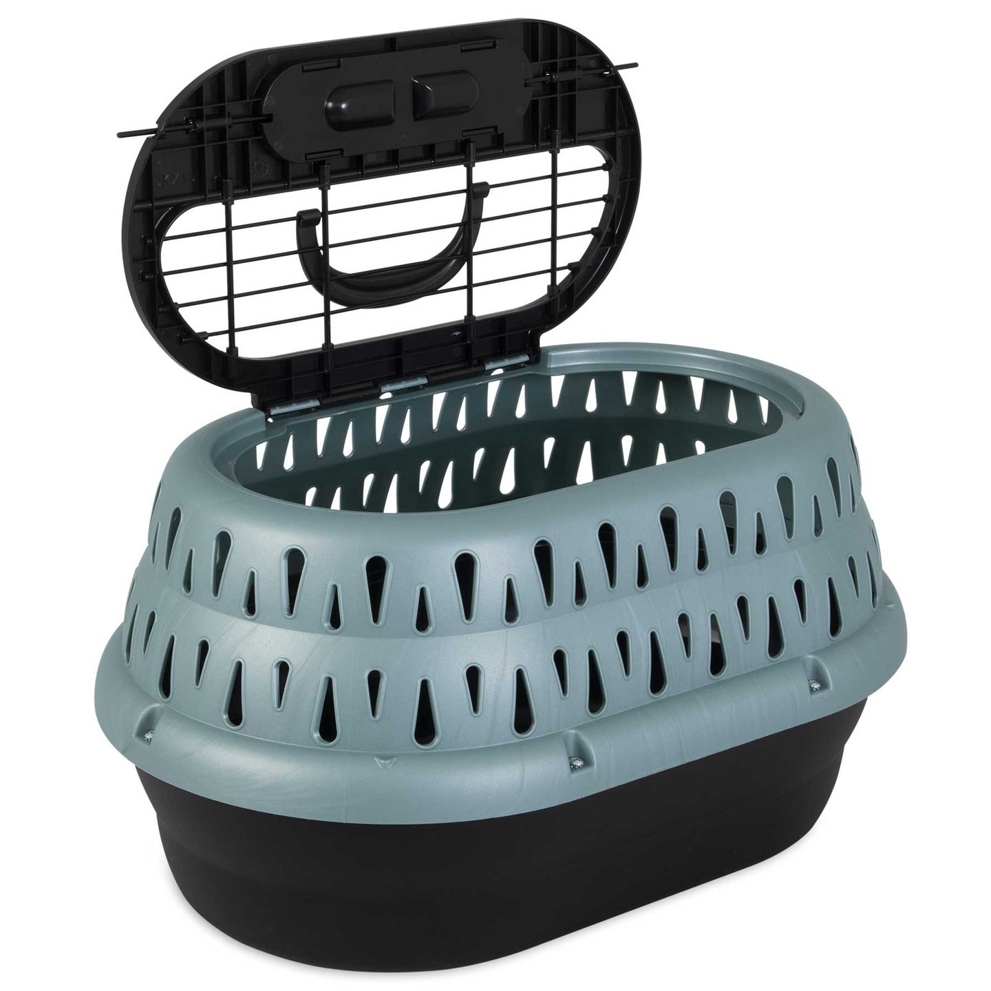 The Petmate E-Z Load Top Load Cat Kennel by Petmate features a black base, light blue ventilated lid, built-in top handle, metal grid door for security, and 360-degree ventilation to help reduce travel stress for your pet.