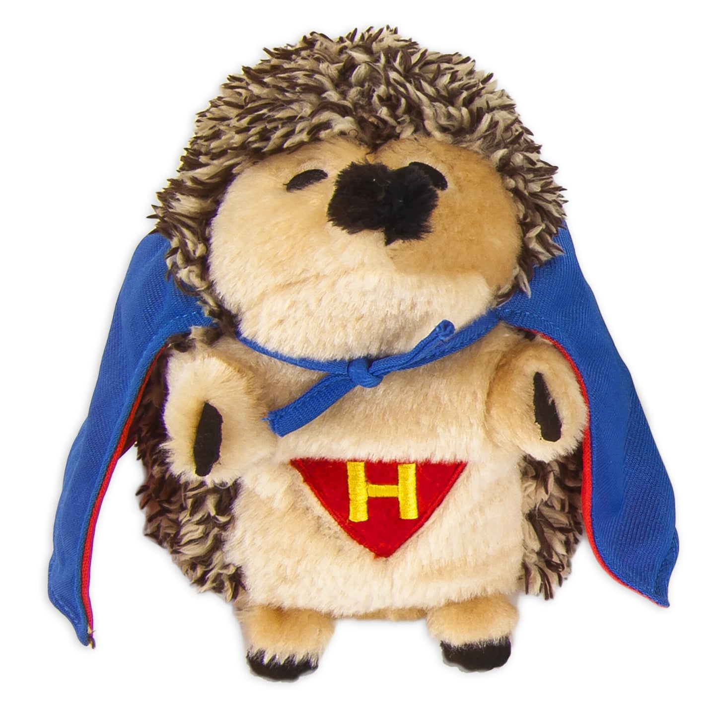 The Zoobilee Super Hero Heggie Dog Toy by Zoobilee features a plush hedgehog dressed as a superhero, complete with a blue cape and red outfit with a yellow H. Its fluffy gray-beige fur, small black eyes, and nose make it ideal for endless hugs.