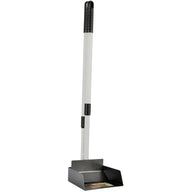 The Precision Pet Little Stinker Poop Scoop with Spade, by Precision Pet Products, is a black dustpan with a telescoping silver handle and top black grip. It stands upright for efficient waste removal and features a small ledge for easy use.