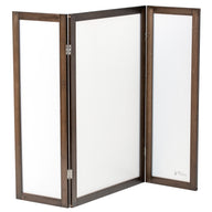 The PetFusion Modest Cat Litter Box Privacy Screen offers elegance and versatility with its three-panel bamboo frame and white opaque panels. This dark brown beauty folds easily for adjustment, serving as a chic cat privacy screen or litter box enclosure while blending style with functionality.