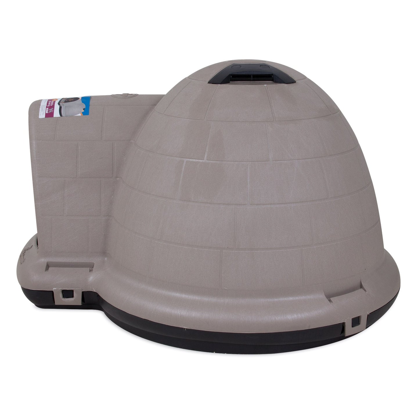 The Petmate Indigo Dog House by Petmate is a spacious, igloo-shaped beige plastic shelter for dogs. It boasts a rounded entrance on the left, a brick-like texture, and sits on a flat base with a top vent for airflow.