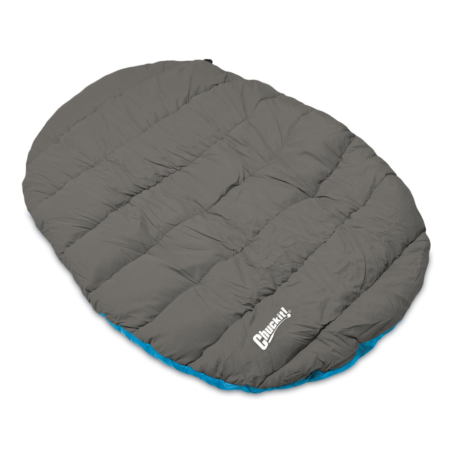 The Chuckit! Travel Pillow Bed, an oval sleeping bag by Chuckit, lies on a white background. It features subtle seams and a white logo at the bottom right corner, with hints of blue on the edges. Portable with a stuff sack and machine washable for easy care.