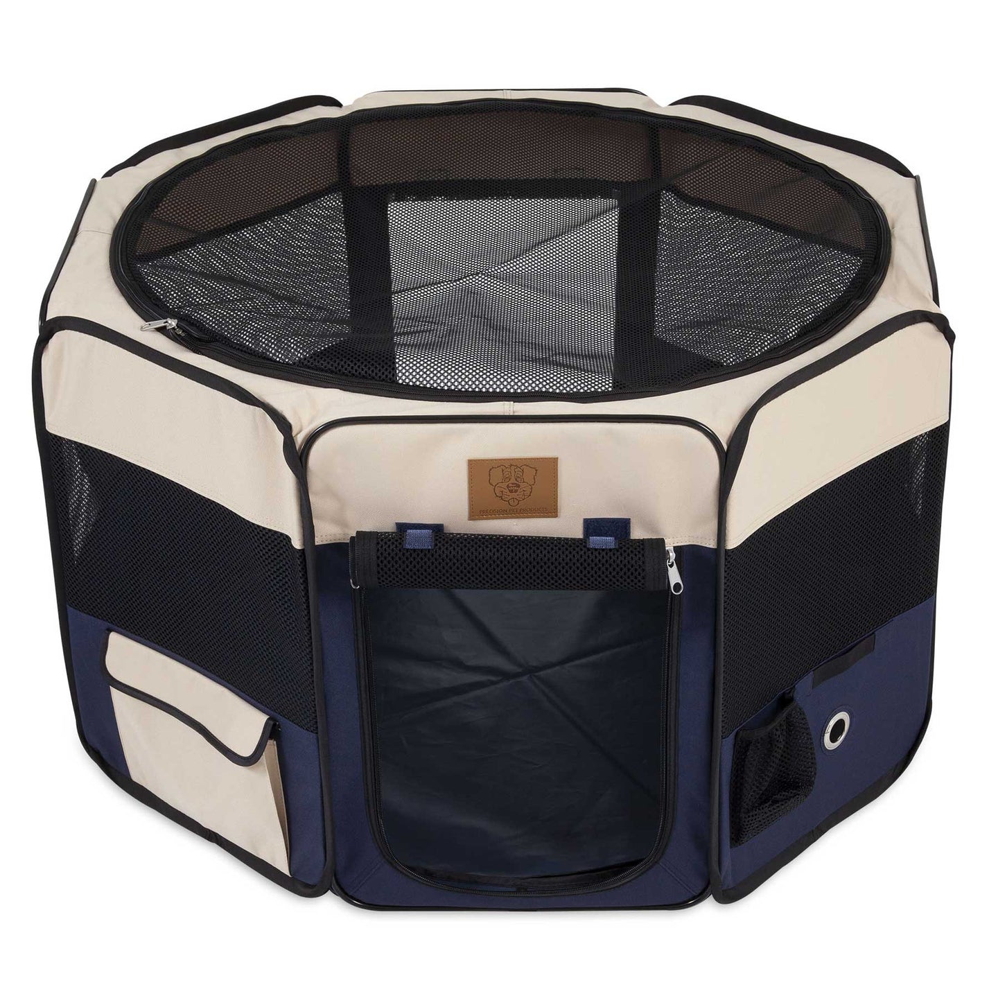 The Precision Pet Soft Side Play Yard by Precision Pet Products is a water-resistant, portable pet playpen with beige/navy panels and a black mesh top. It features zippered doors, mesh windows, and side pockets for indoor or outdoor use, ensuring your pets safety and comfort.