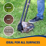 A person skillfully uses the Arm & Hammer Swivel Bin & Rake on grass, with inset images showing its versatility on grass, dirt, and concrete. The bottom banner proudly states, Ideal for All Surfaces, featuring added odor control for a fresher experience.