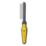 The JW Gripsoft Flea Comb, featuring a narrow, fine metal blade with metal teeth, comes in yellow and black. Its ergonomic design ensures comfort, and the handle showcases the jw brand logo.